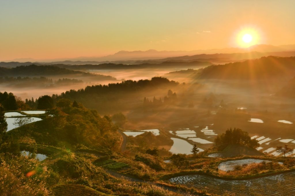 The superb view of the water mirrors "Hoshitoge Rice Terraces